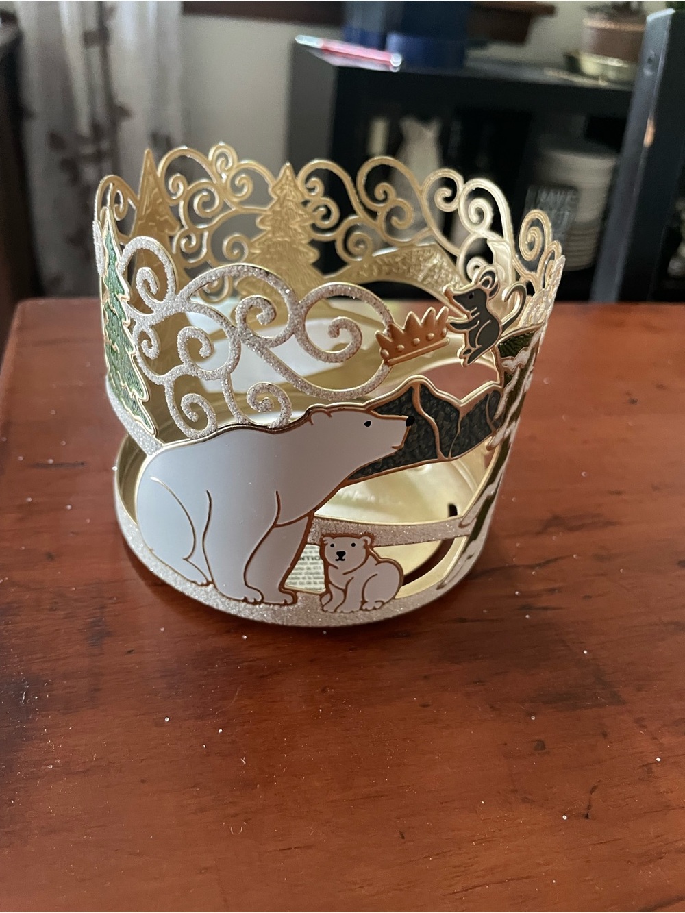 Bath & Body Works Gold and White Polar Bear Candle Holder
